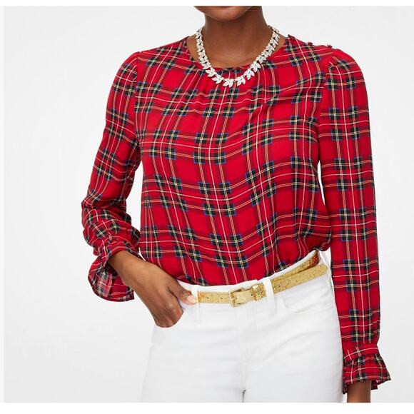 J.Crew NEW  L top Tartan red/black Plaid peasant button office attire classic - Picture 1 of 9